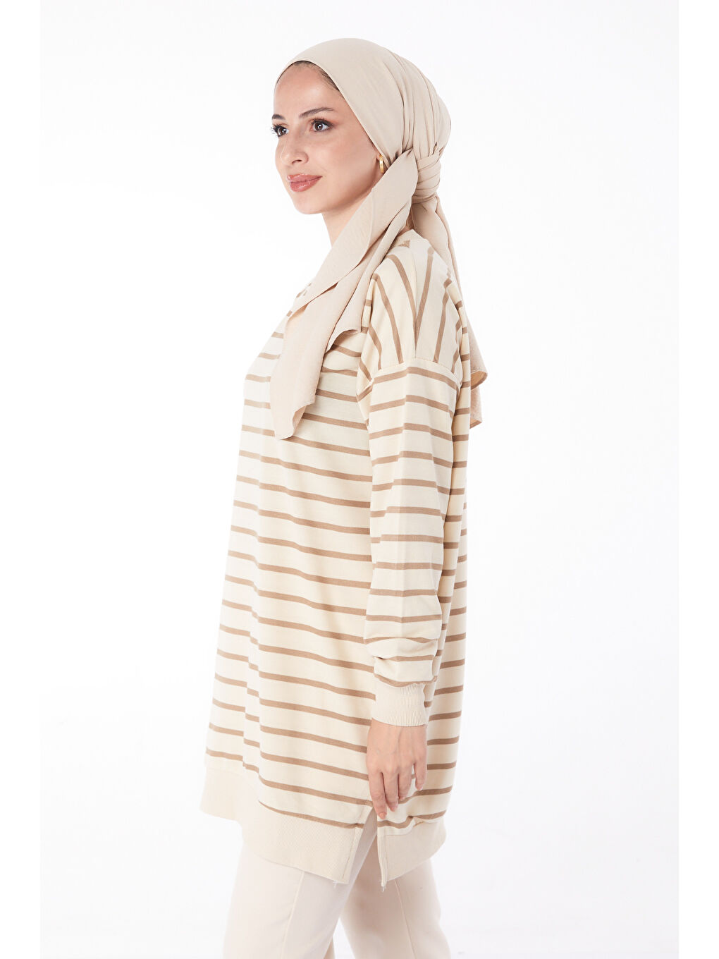 Bej Çizgili Sweatshirt Vizon - 26137-3