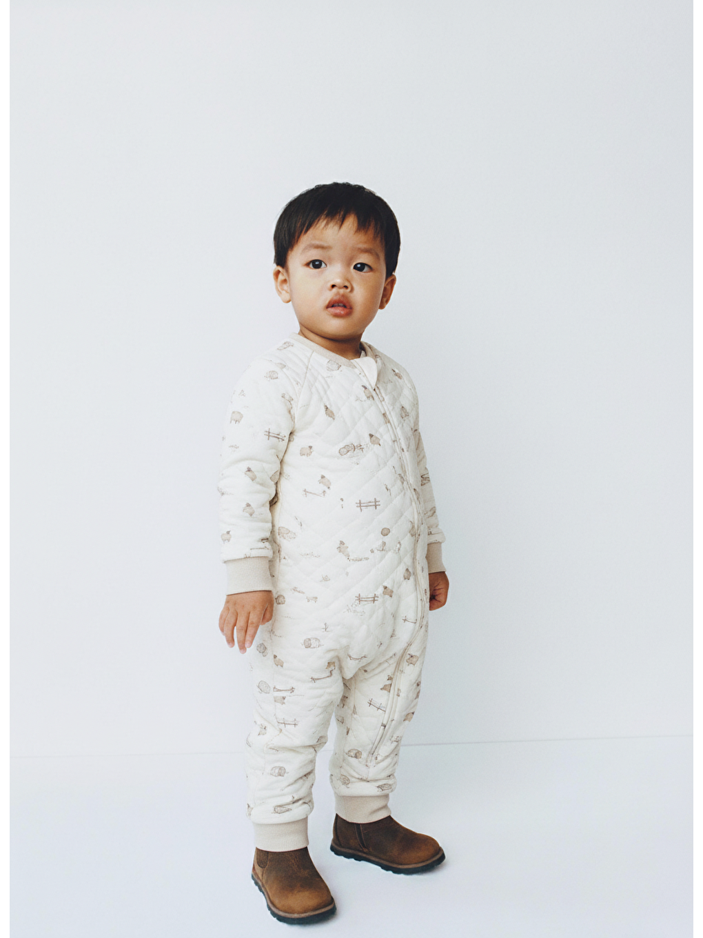 Karışık Unisex Çocuk Pamuklu Ekru Çift Fermuarlı Hayvancık Desenli Uyku Tulum