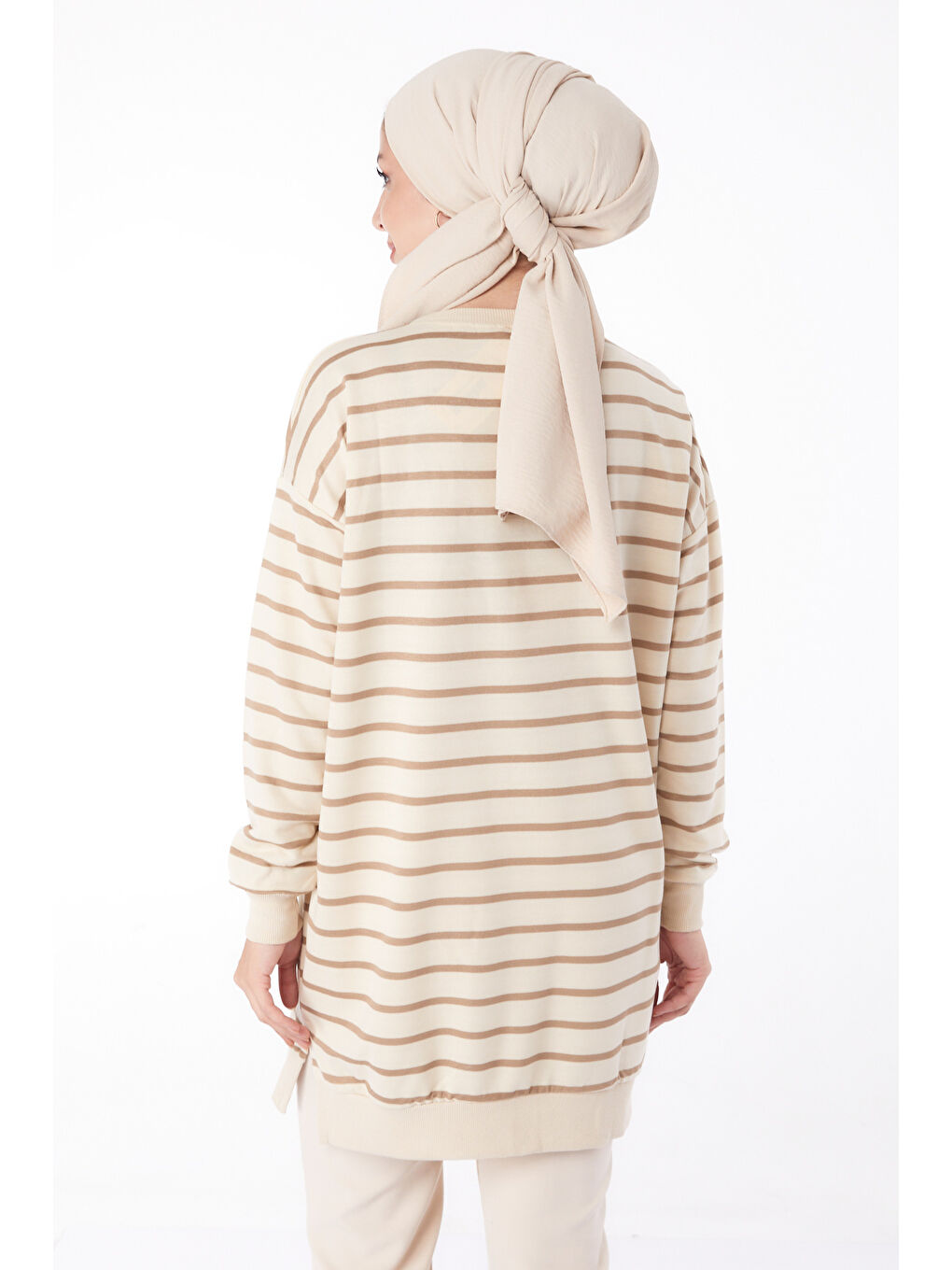 Bej Çizgili Sweatshirt Vizon - 26137-4