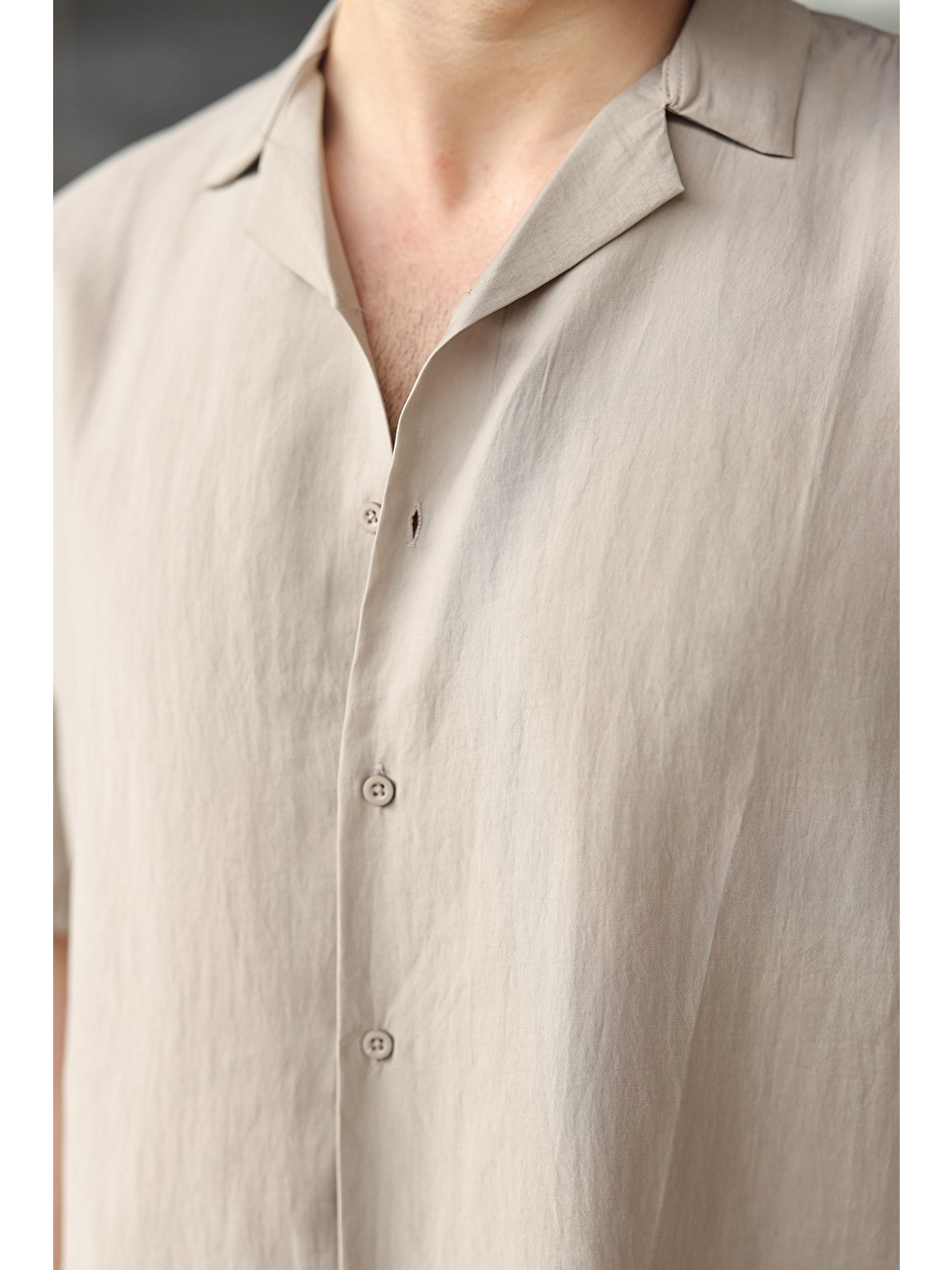 Bej Taş Rengi Kumaş Erkek Şort Gömlek Takım E7352-3