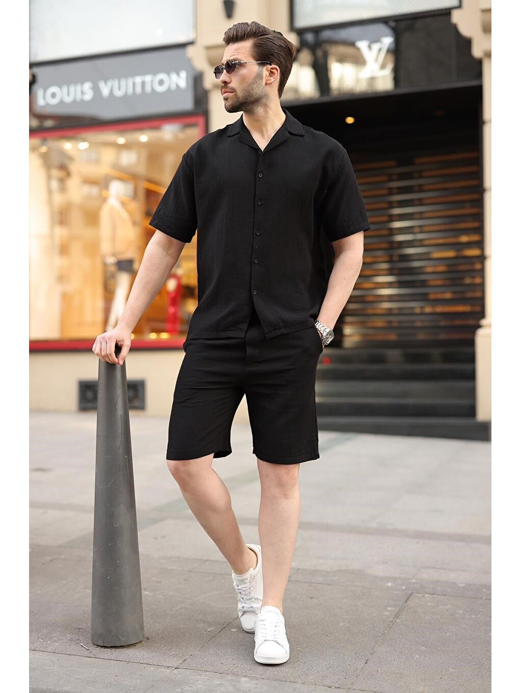 Siyah %100 Pamuklu Erkek Şort Gömlek Takım E7360