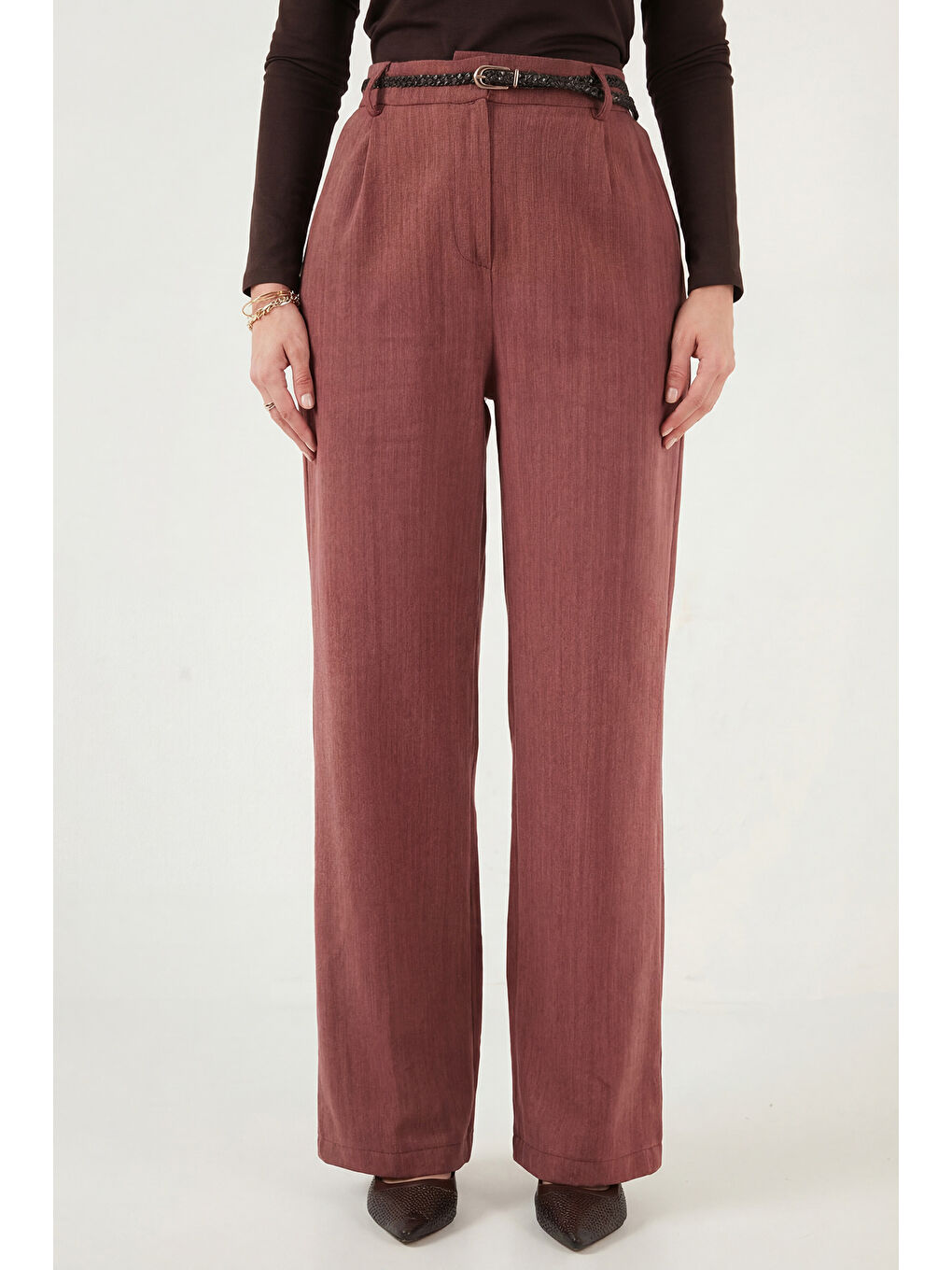 Kahverengi Bol Paça Yüksek Bel Kemerli Pantolon 6923807-3