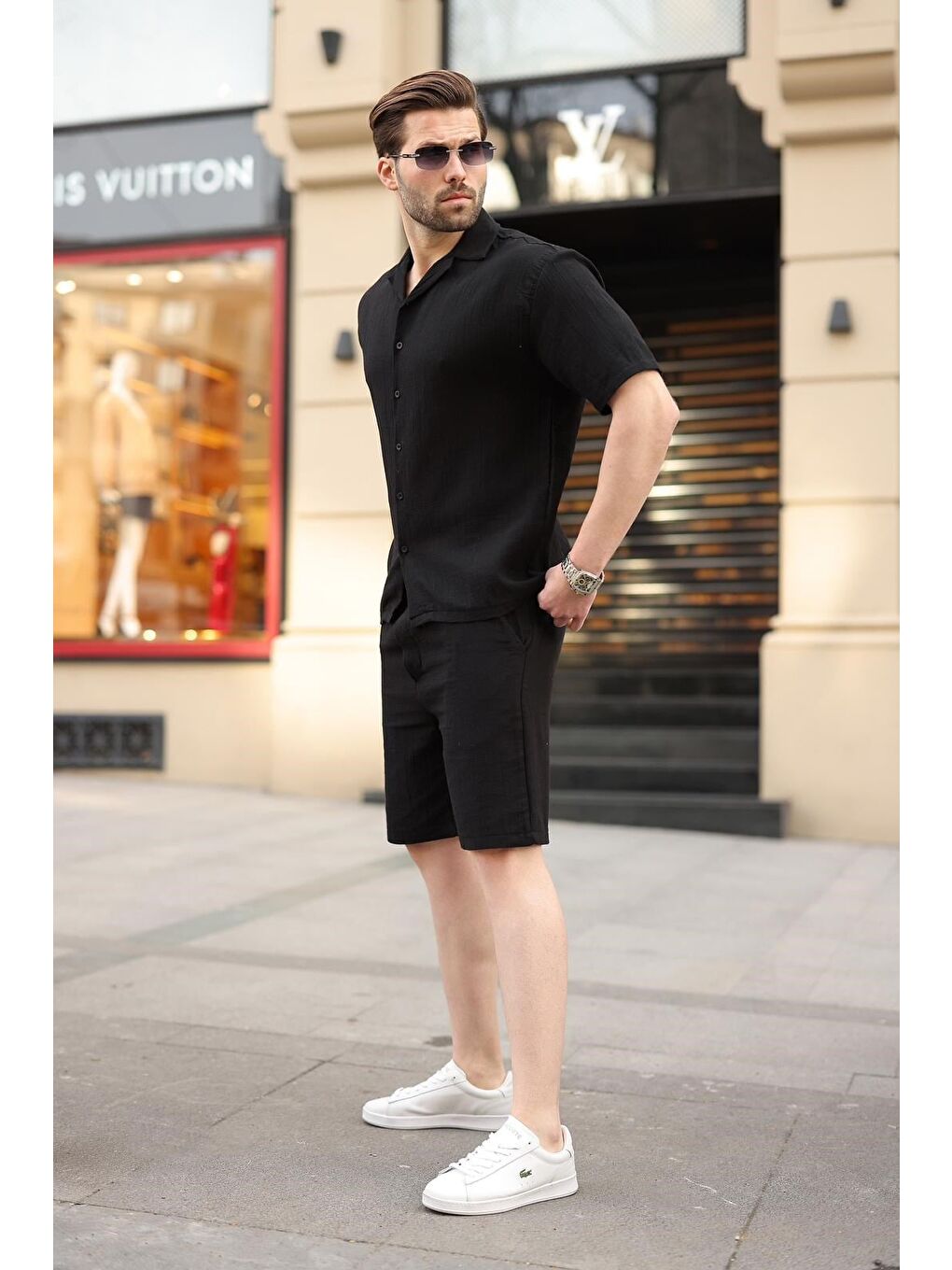 Siyah %100 Pamuklu Erkek Şort Gömlek Takım E7360-1