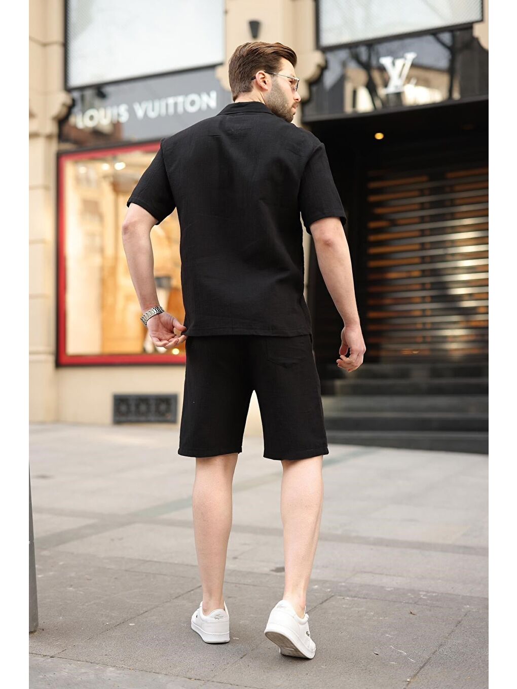 Siyah %100 Pamuklu Erkek Şort Gömlek Takım E7360-3