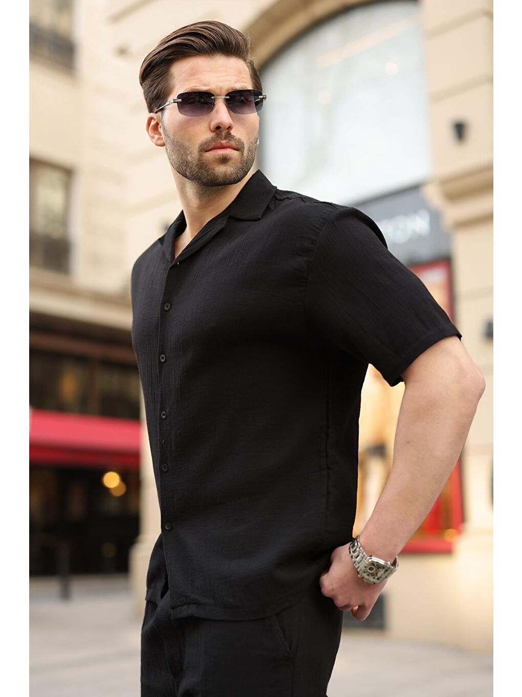 Siyah %100 Pamuklu Erkek Şort Gömlek Takım E7360-4