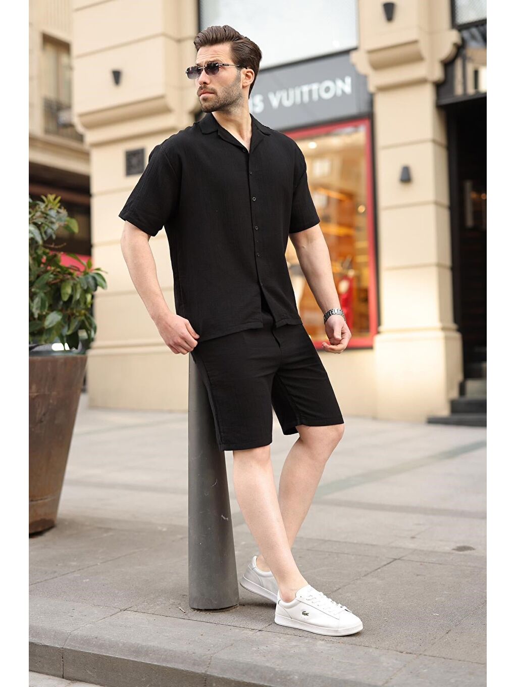 Siyah %100 Pamuklu Erkek Şort Gömlek Takım E7360-5