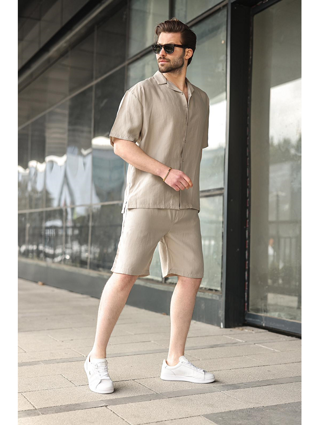 Bej Taş Rengi Kumaş Erkek Şort Gömlek Takım E7352-5