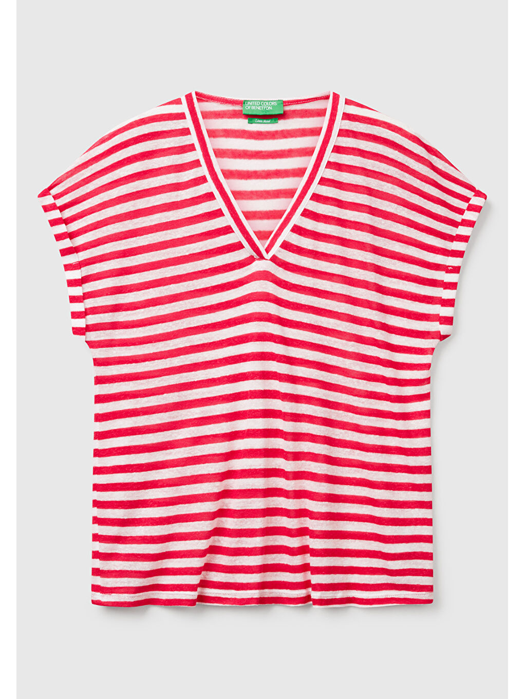 Kadın Fuşya Mix Keten Karışımlı Rahat Kalıp Çizgili V Yaka T-Shirt-1