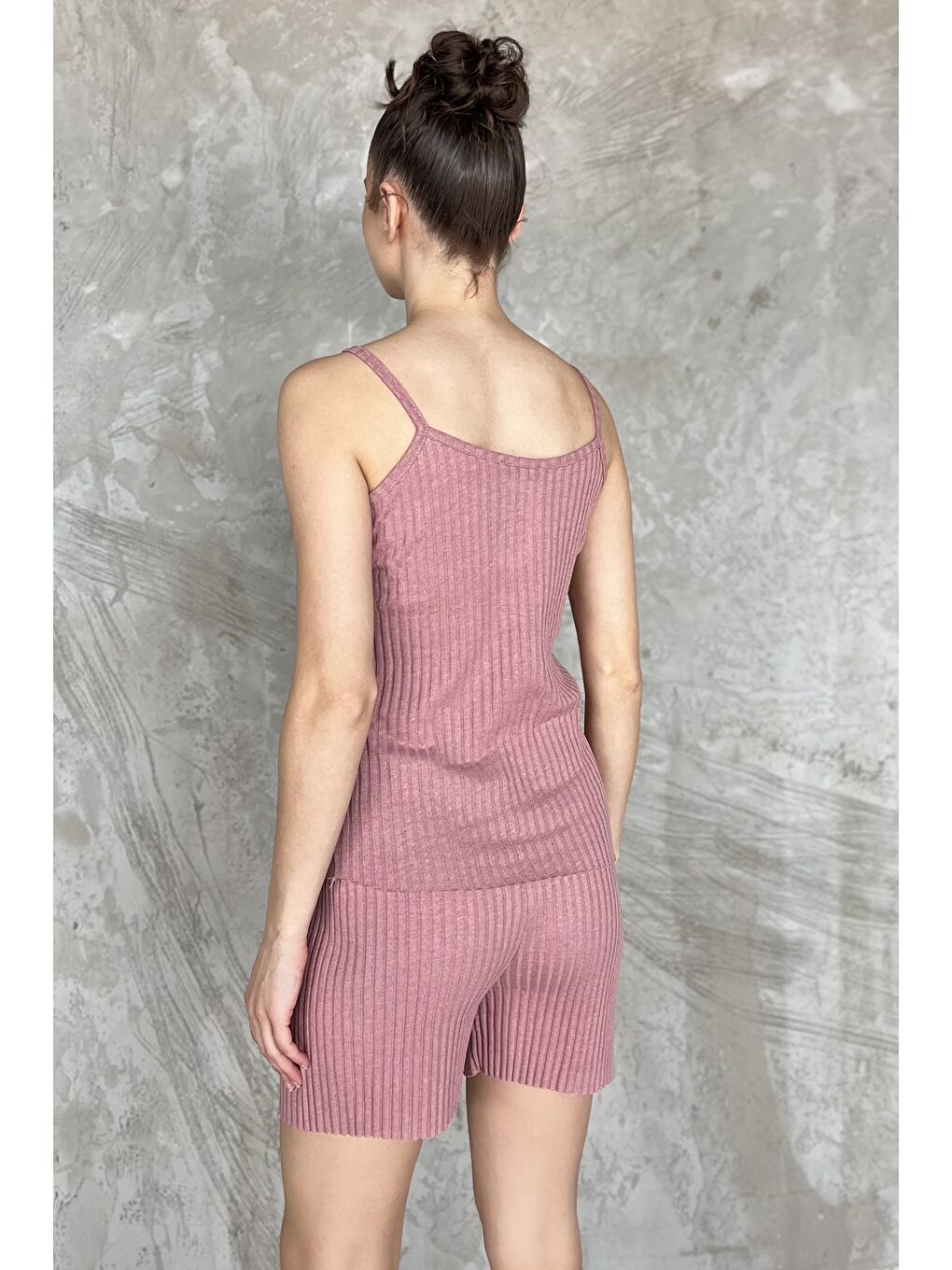 Pembe Kadın Kendinden Çizgi Desenli Şortlu İkili Takım-2