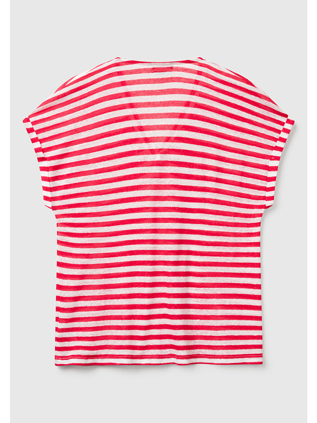 Kadın Fuşya Mix Keten Karışımlı Rahat Kalıp Çizgili V Yaka T-Shirt-3