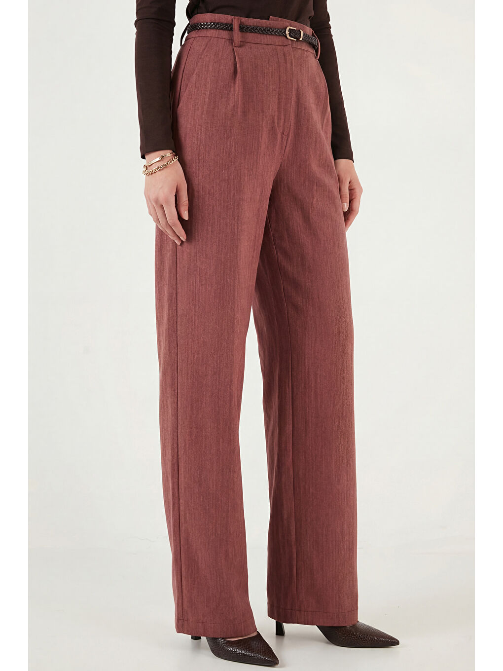 Kahverengi Bol Paça Yüksek Bel Kemerli Pantolon 6923807-4