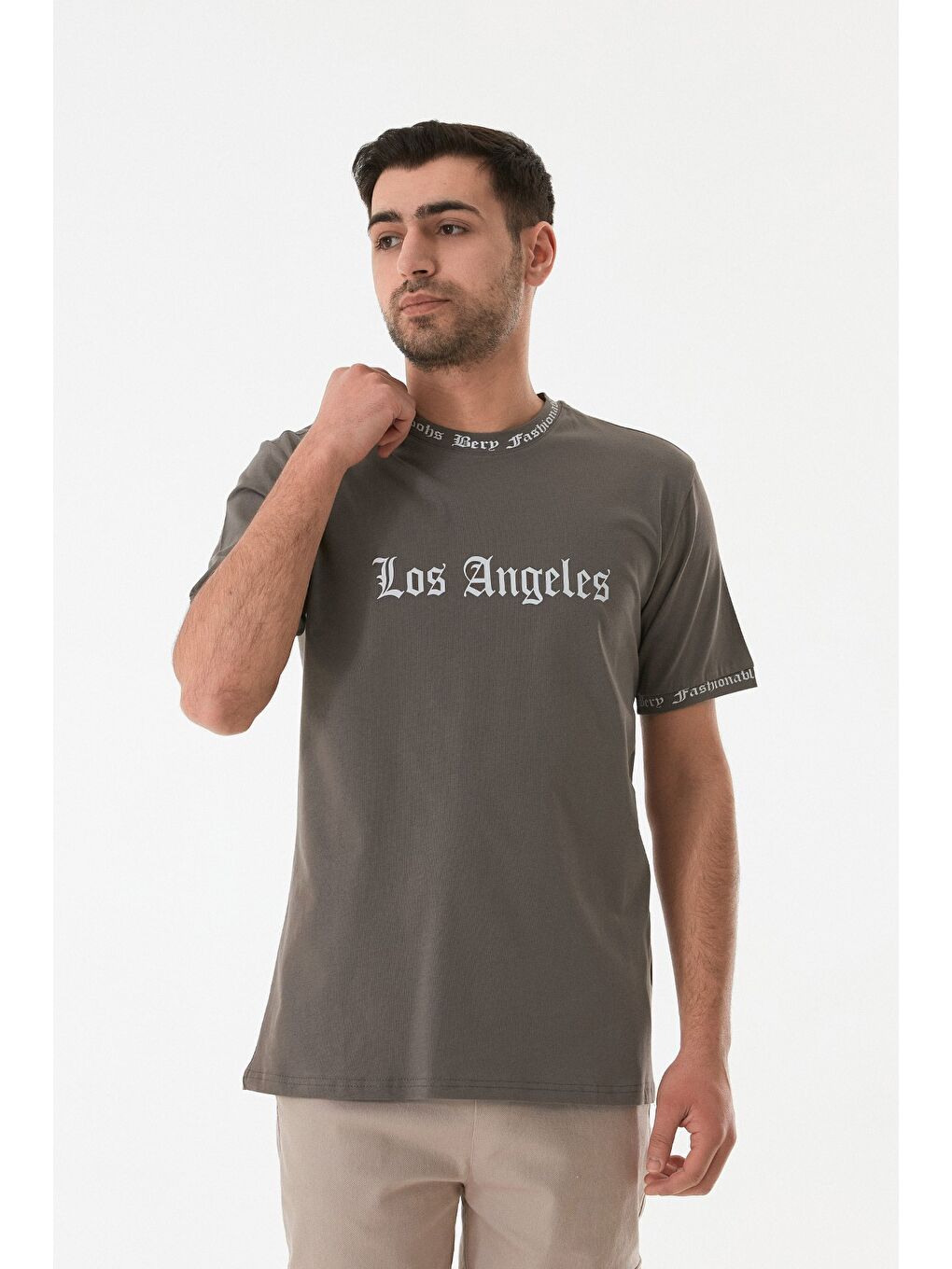 Antrasit Los Angeles Baskılı Bisiklet Yaka Tişört