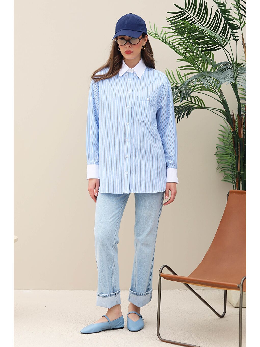 Yaka ve Manşetleri Garnili Gömlek Mavi-2