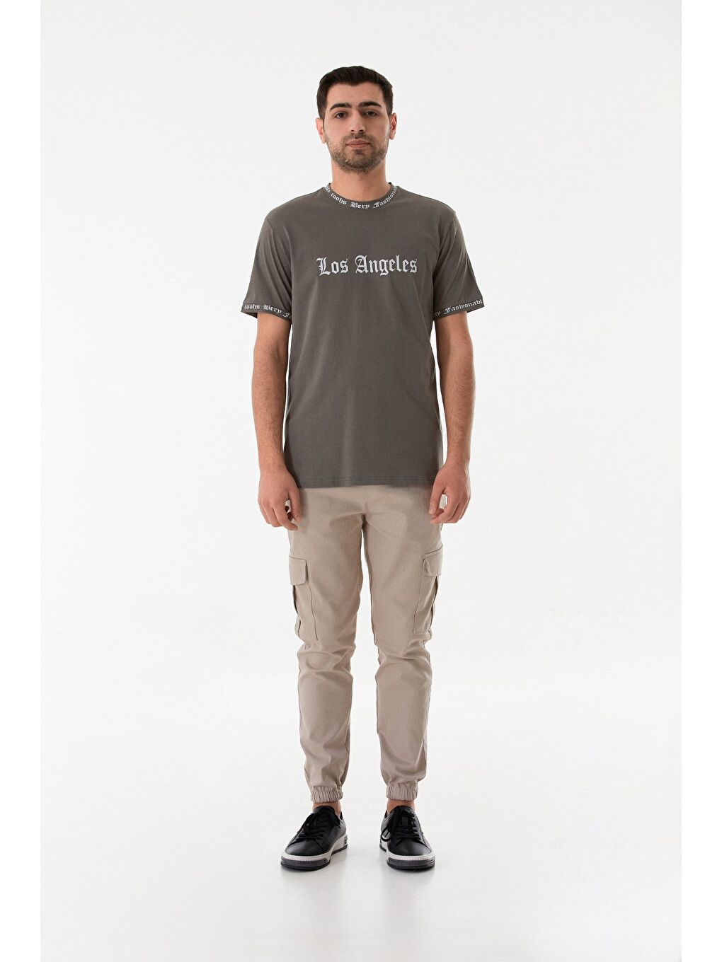 Antrasit Los Angeles Baskılı Bisiklet Yaka Tişört-1