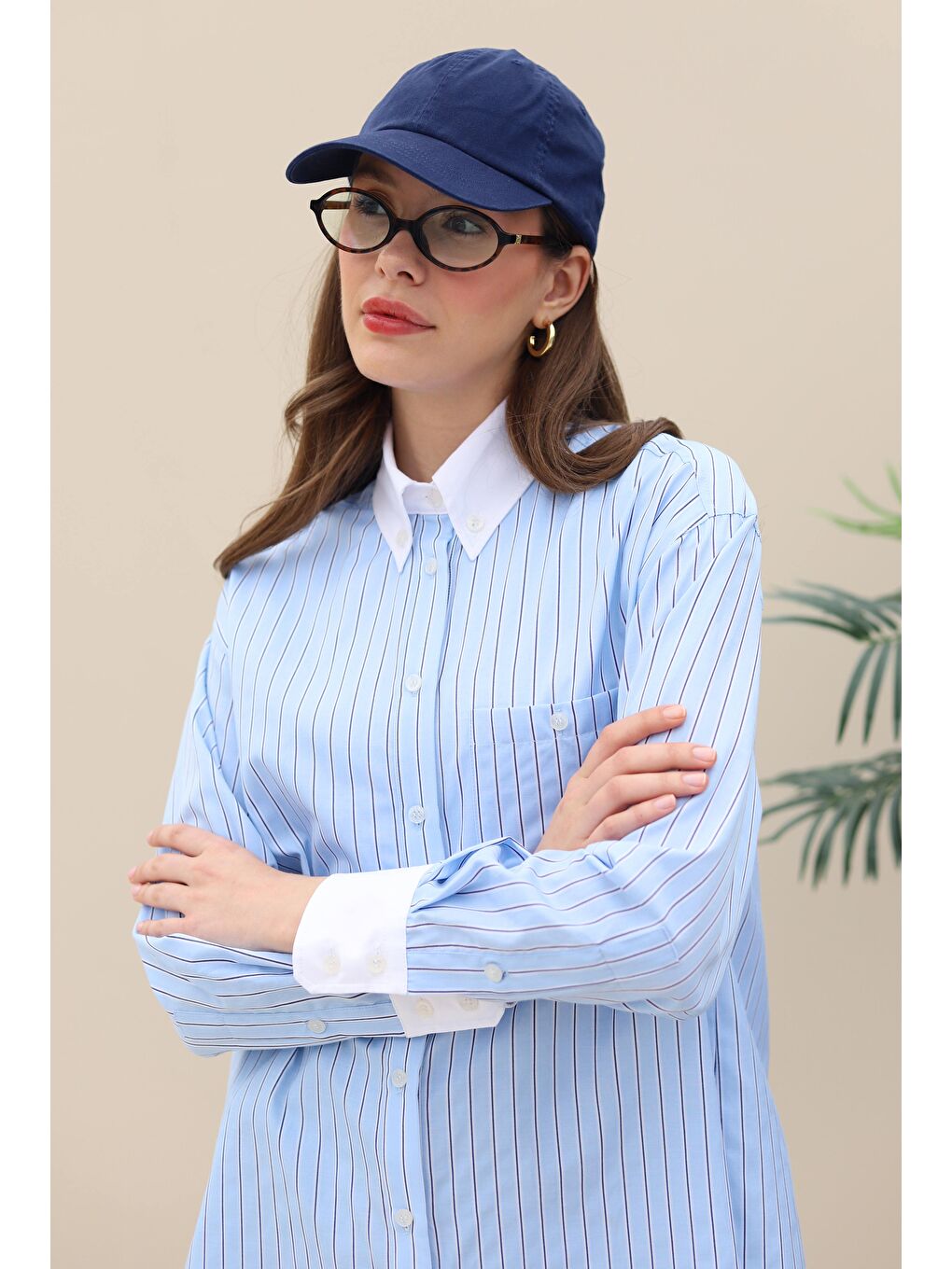 Yaka ve Manşetleri Garnili Gömlek Mavi-3