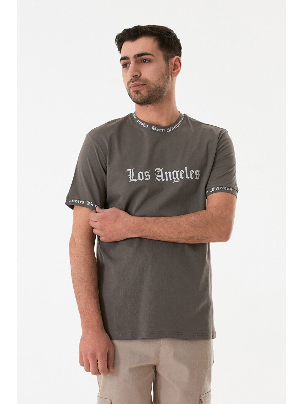 Antrasit Los Angeles Baskılı Bisiklet Yaka Tişört-3