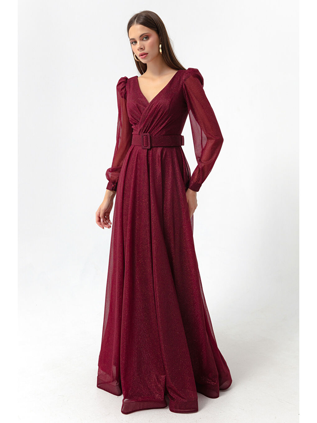 Kadın Bordo Kruvaze Yaka Simli Uzun Kloş Abiye Elbise-2