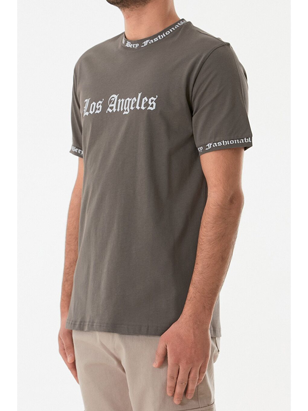 Antrasit Los Angeles Baskılı Bisiklet Yaka Tişört-4