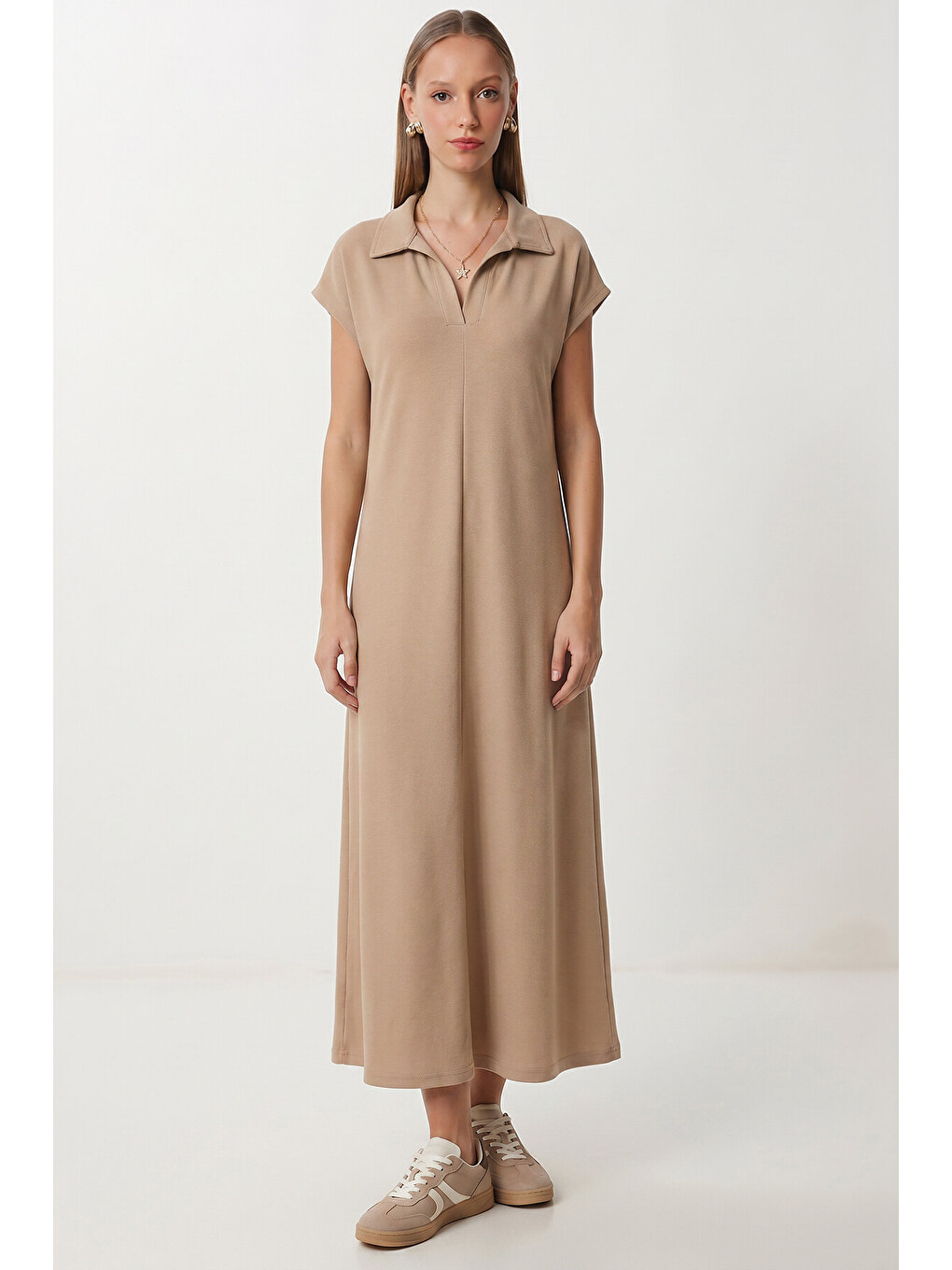 Bej Polo Yaka Cepli Örme Elbise BEJ LDZ0038-1