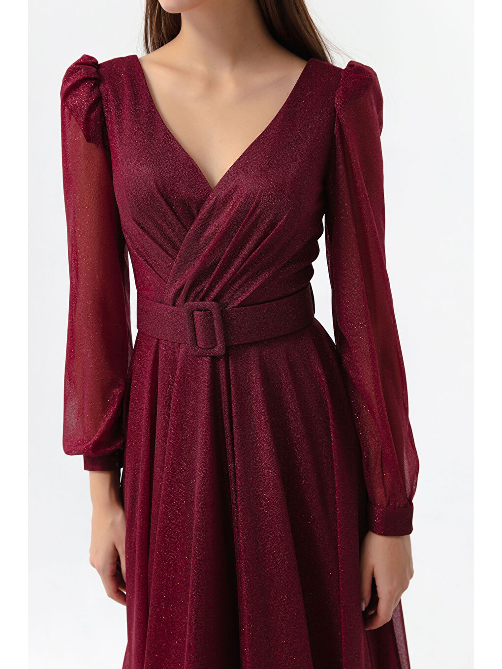 Kadın Bordo Kruvaze Yaka Simli Uzun Kloş Abiye Elbise-3