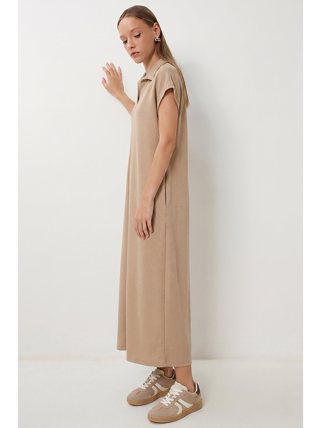 Bej Polo Yaka Cepli Örme Elbise BEJ LDZ0038-2