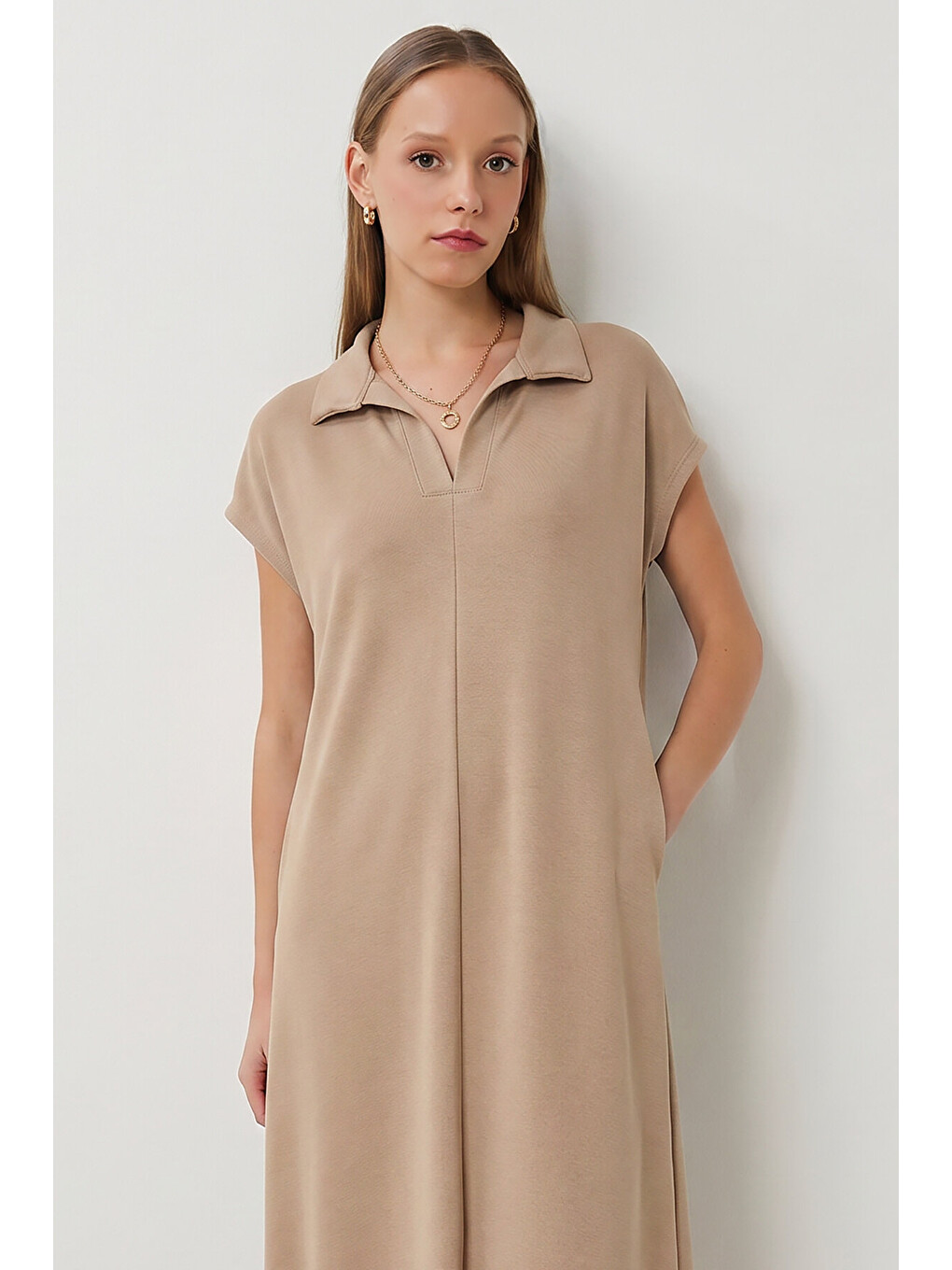 Bej Polo Yaka Cepli Örme Elbise BEJ LDZ0038-3