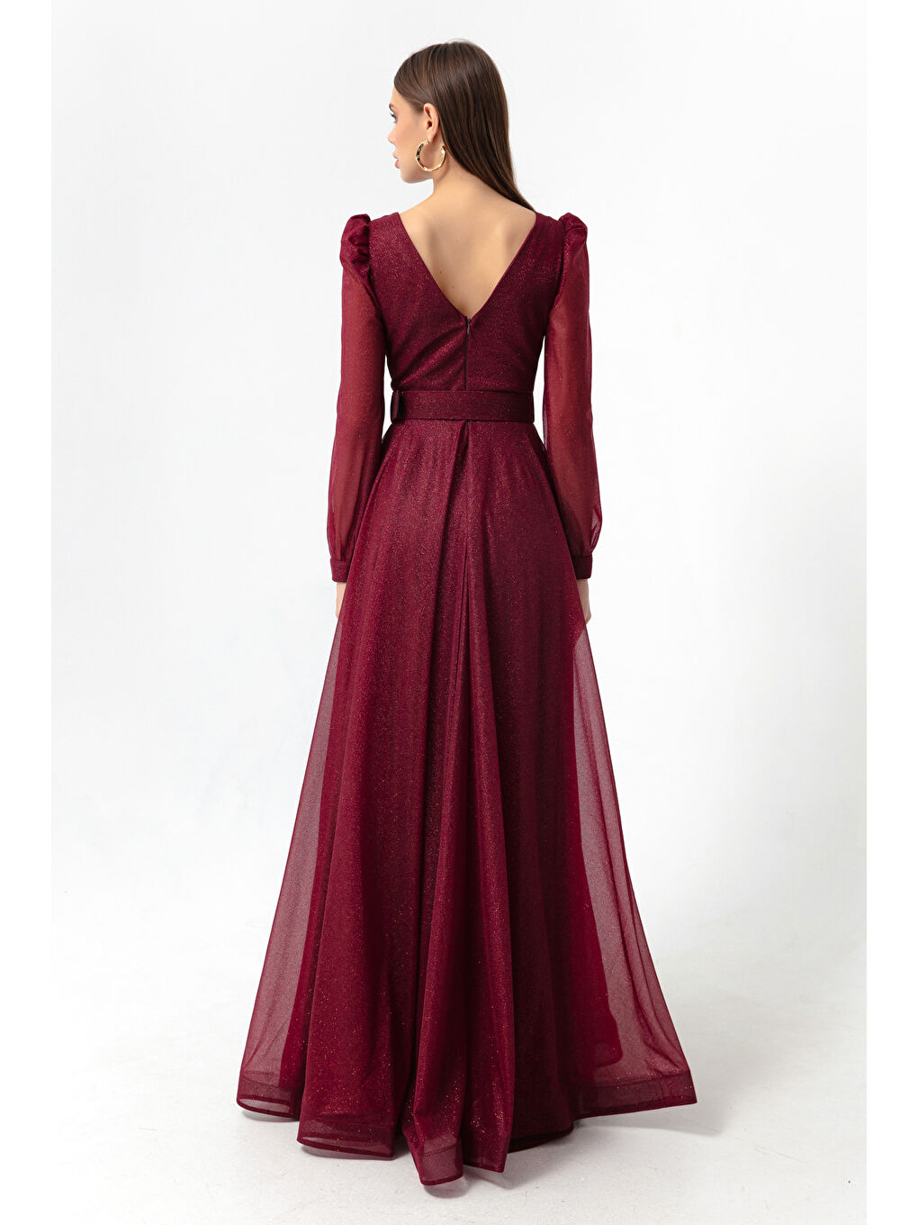 Kadın Bordo Kruvaze Yaka Simli Uzun Kloş Abiye Elbise-4