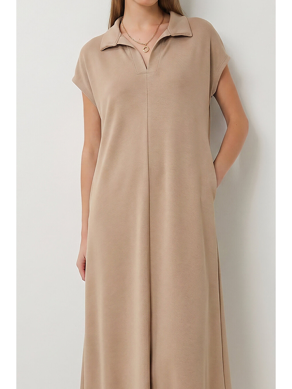 Bej Polo Yaka Cepli Örme Elbise BEJ LDZ0038-4