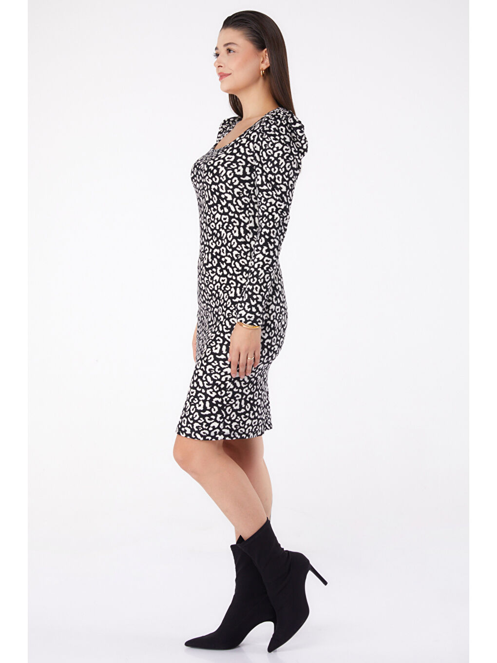 Prenses Kol Desenli Elbise Siyah - 26373-3