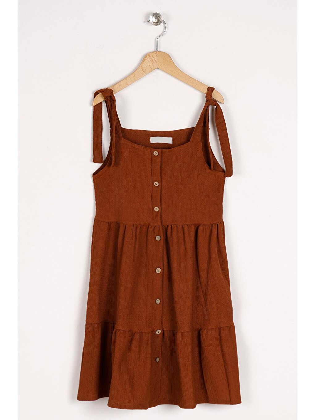 Askılı Ön Düğmeli Kahverengi Renk Kız Çocuk Elbise