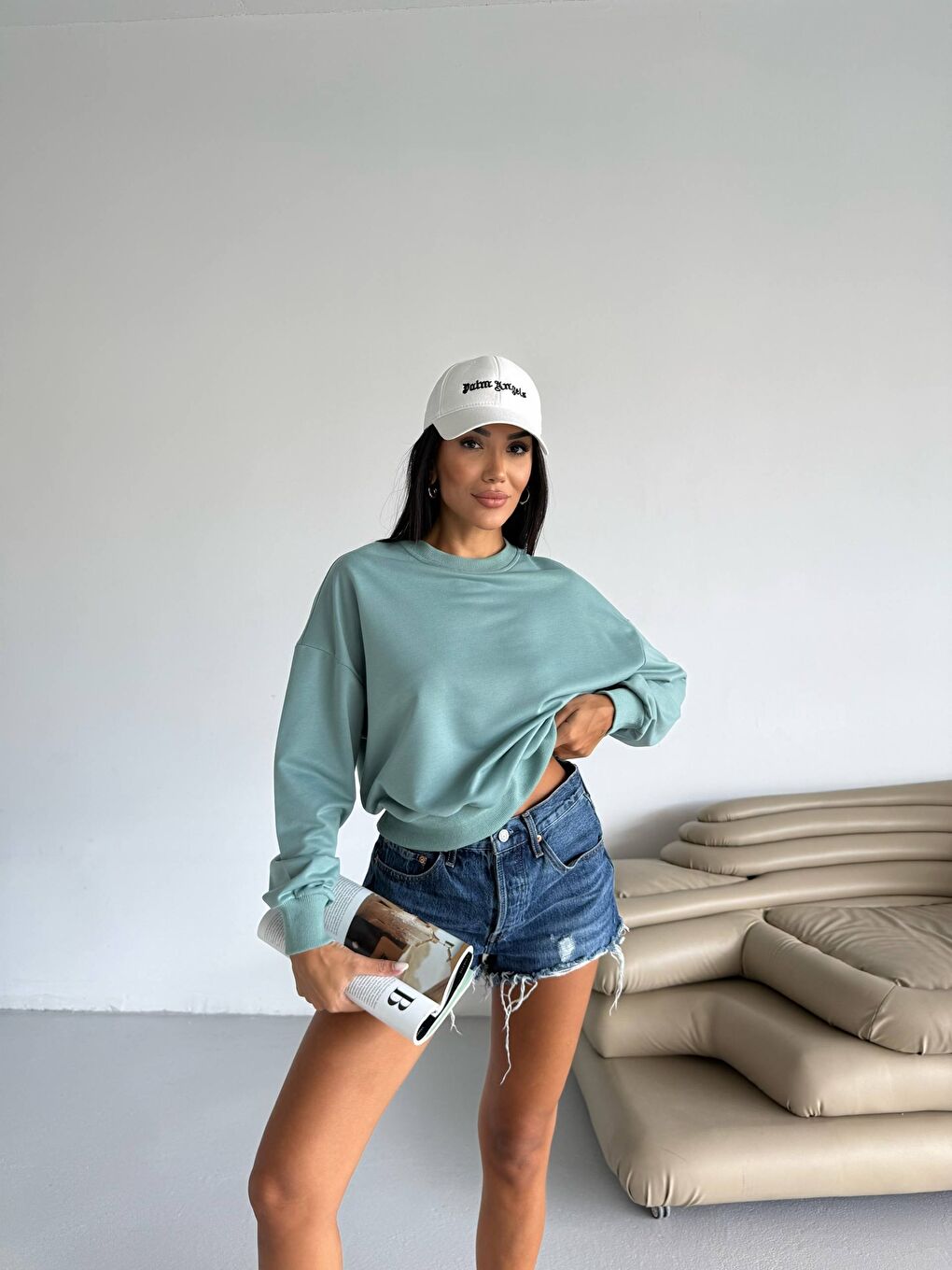Yeşil İki İplik Bisiklet Yaka Sweatshirt-1