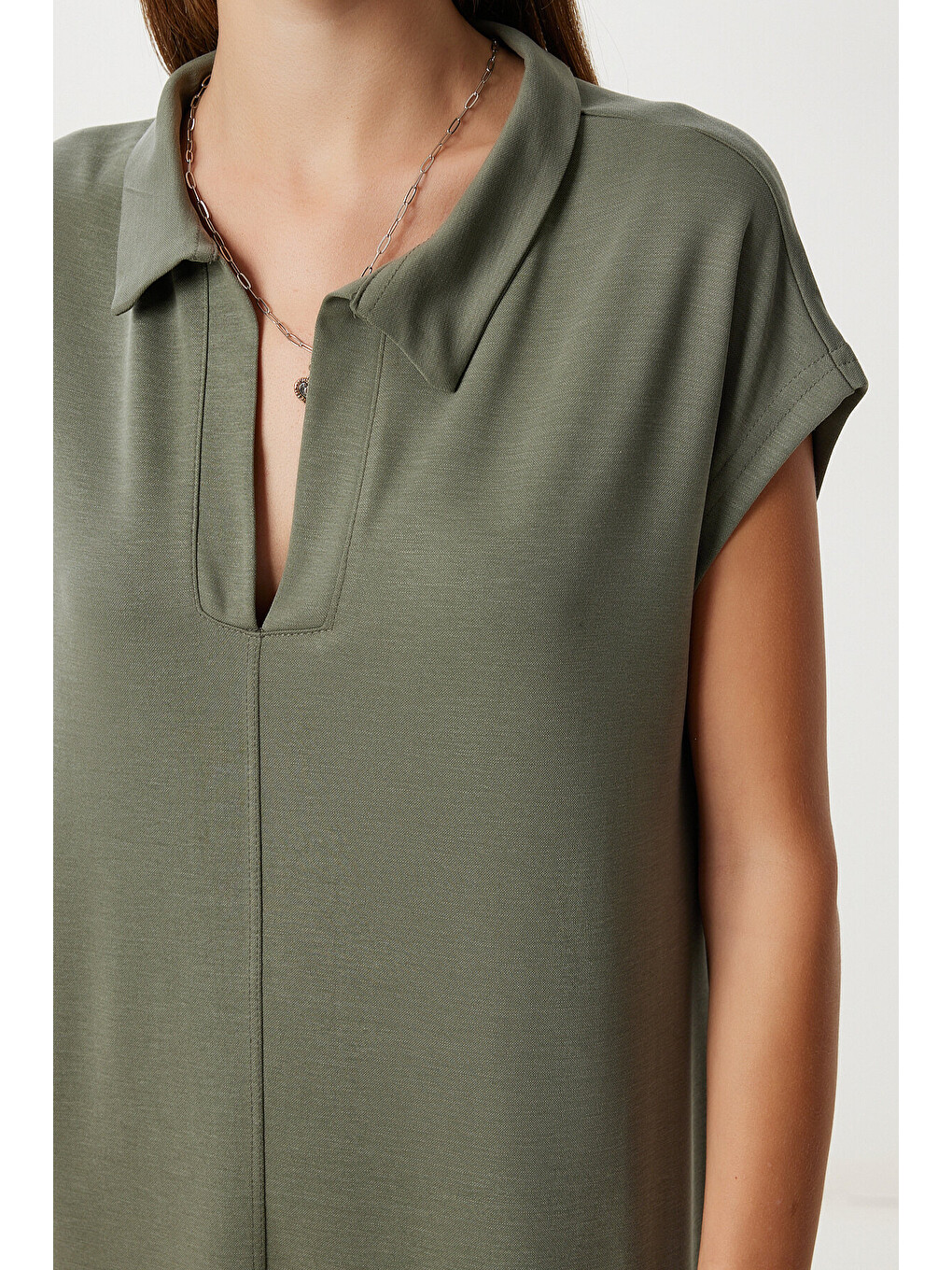 Haki Polo Yaka Cepli Örme Elbise HAKİ LDZ0038-3