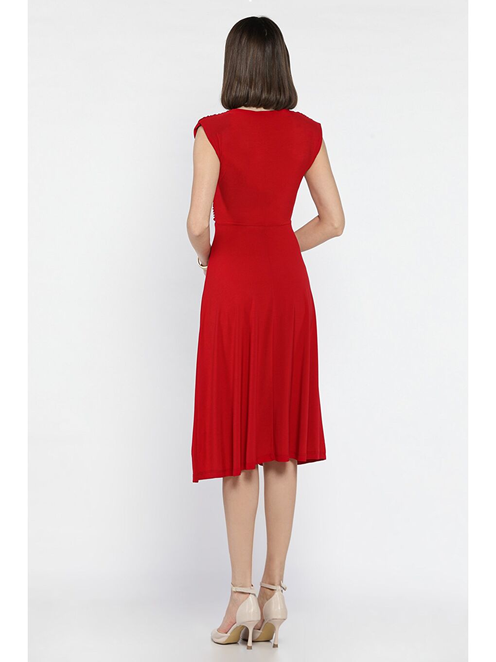 Kırmızı Kadın V Yaka Omuz Vatkalı Pileli Kiloş Elbise-2