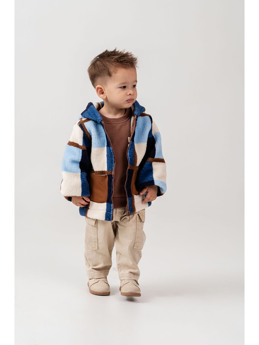 Erkek Çocuk Pamuklu Kapüşonlu Mavi Ekose Fermuarlı Polar Mont