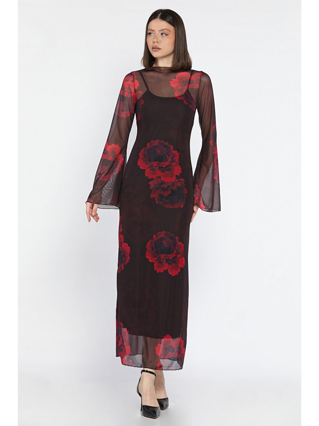 Siyah Gül Desenli İçlik Kombinli Tül Elbise