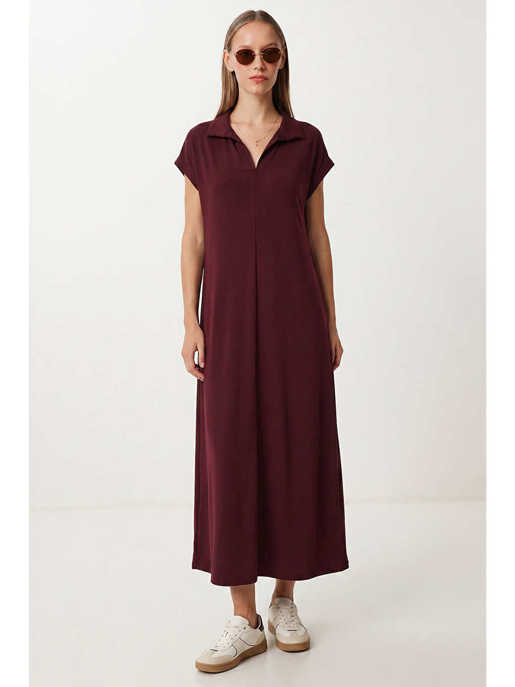 Mürdüm Polo Yaka Cepli Örme Elbise MÜRDÜM LDZ0038