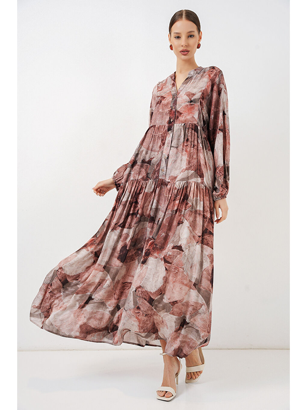 Kırmızı Kadın Desenli Uzun Tesettür Elbise 2585 - D.Gül Kurusu