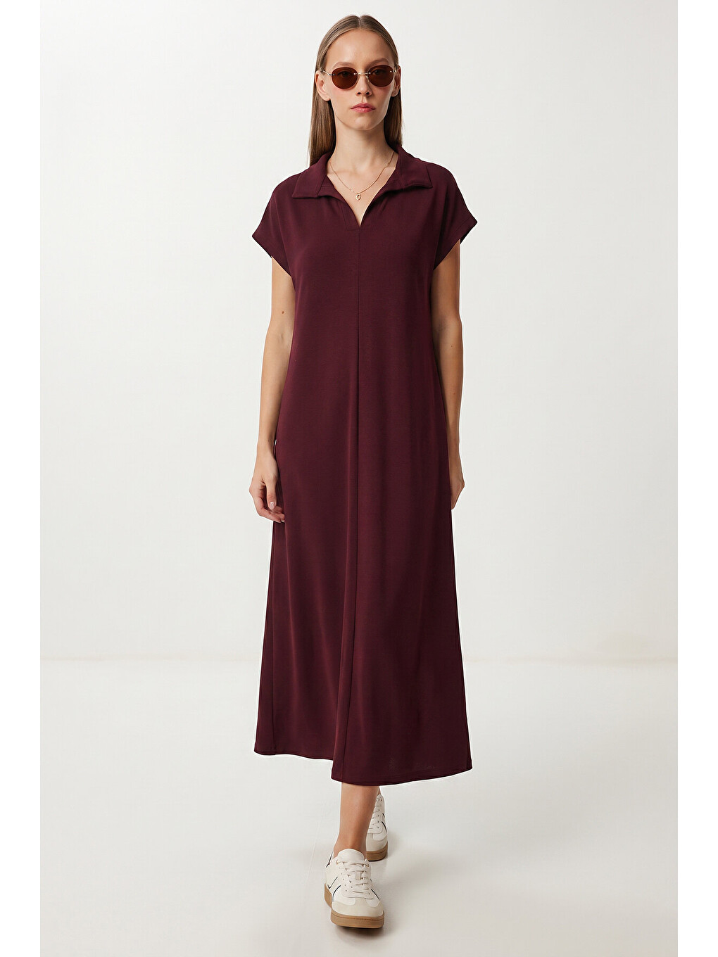 Mürdüm Polo Yaka Cepli Örme Elbise MÜRDÜM LDZ0038-1