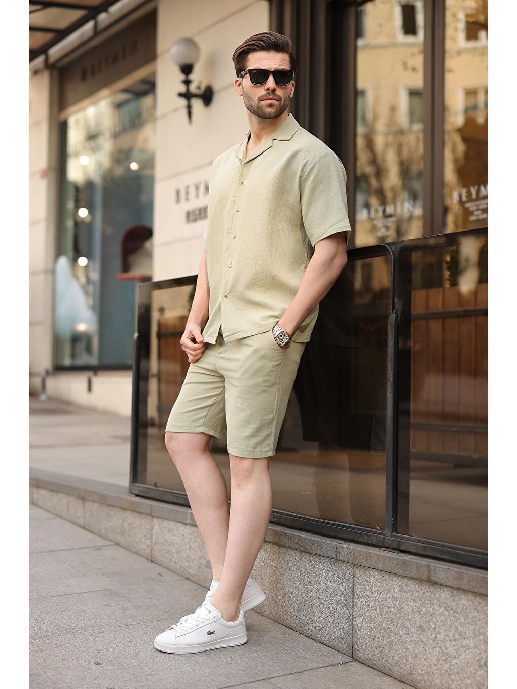 Mint Yeşili %100 Pamuklu Erkek Şort Gömlek Takım E7360-1