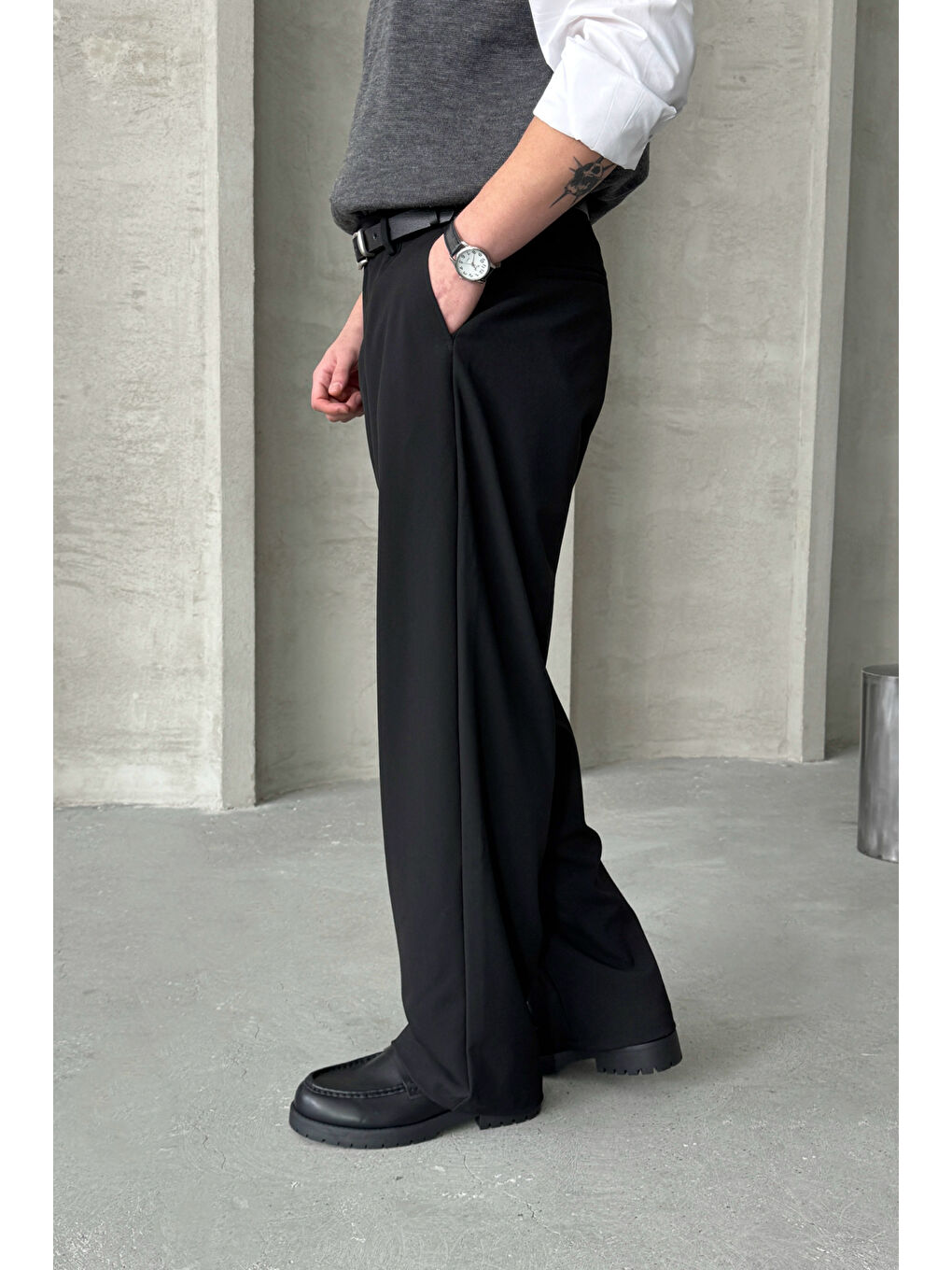 Siyah Erkek Pileli Ekstra Baggy Kalıp Kumaş Pantolon-2