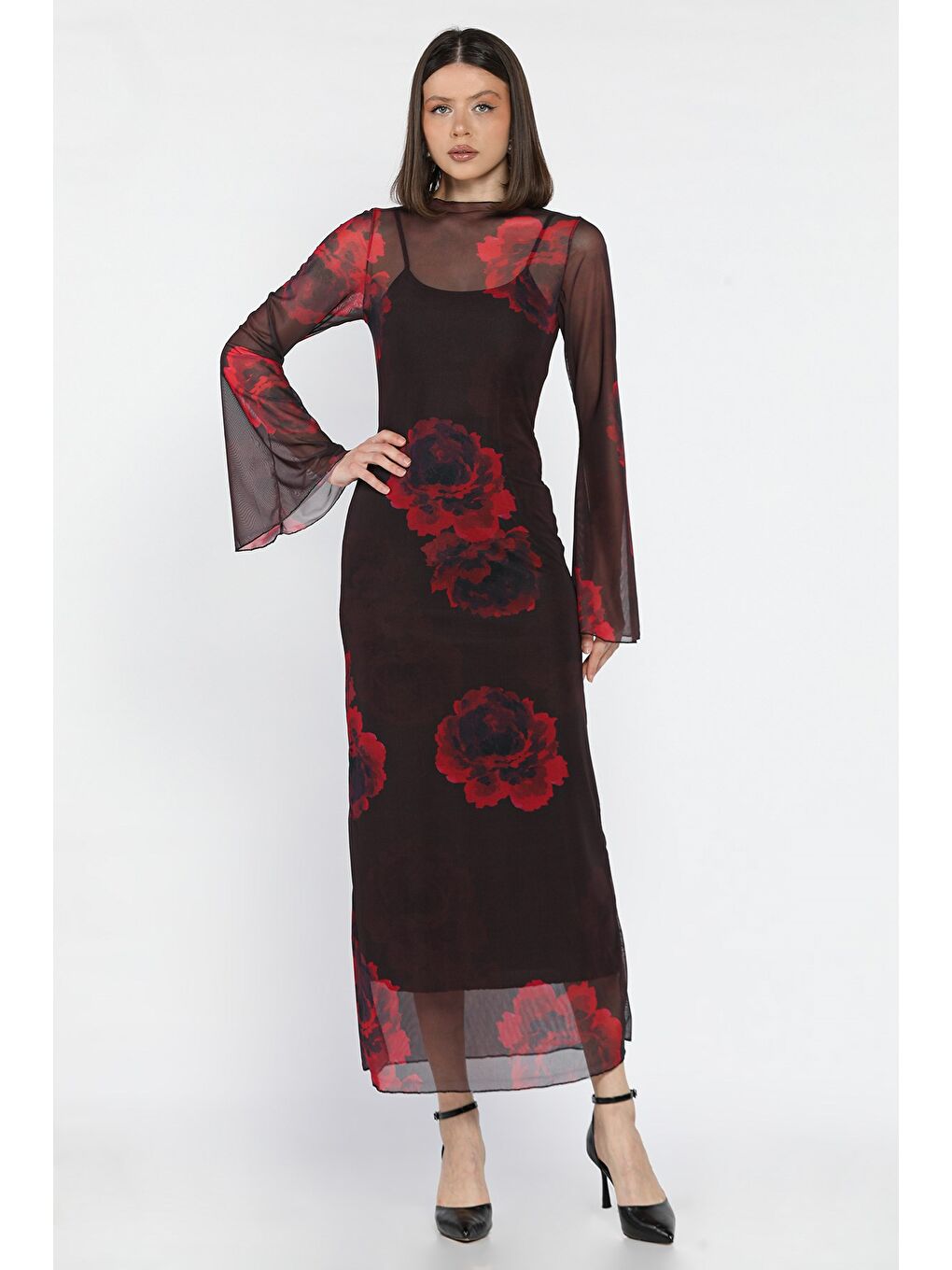 Siyah Gül Desenli İçlik Kombinli Tül Elbise-1