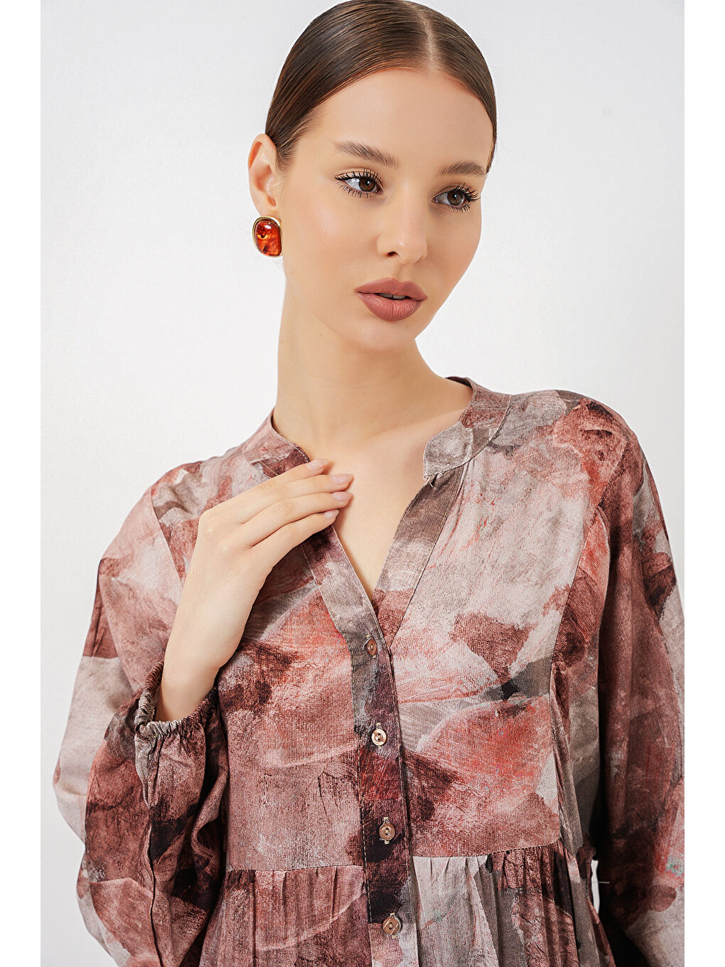 Kırmızı Kadın Desenli Uzun Tesettür Elbise 2585 - D.Gül Kurusu-1