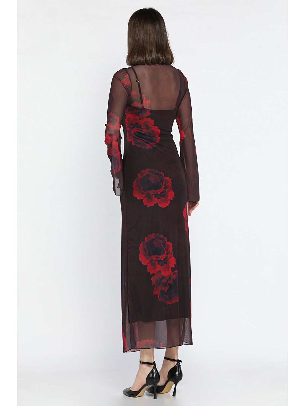 Siyah Gül Desenli İçlik Kombinli Tül Elbise-2