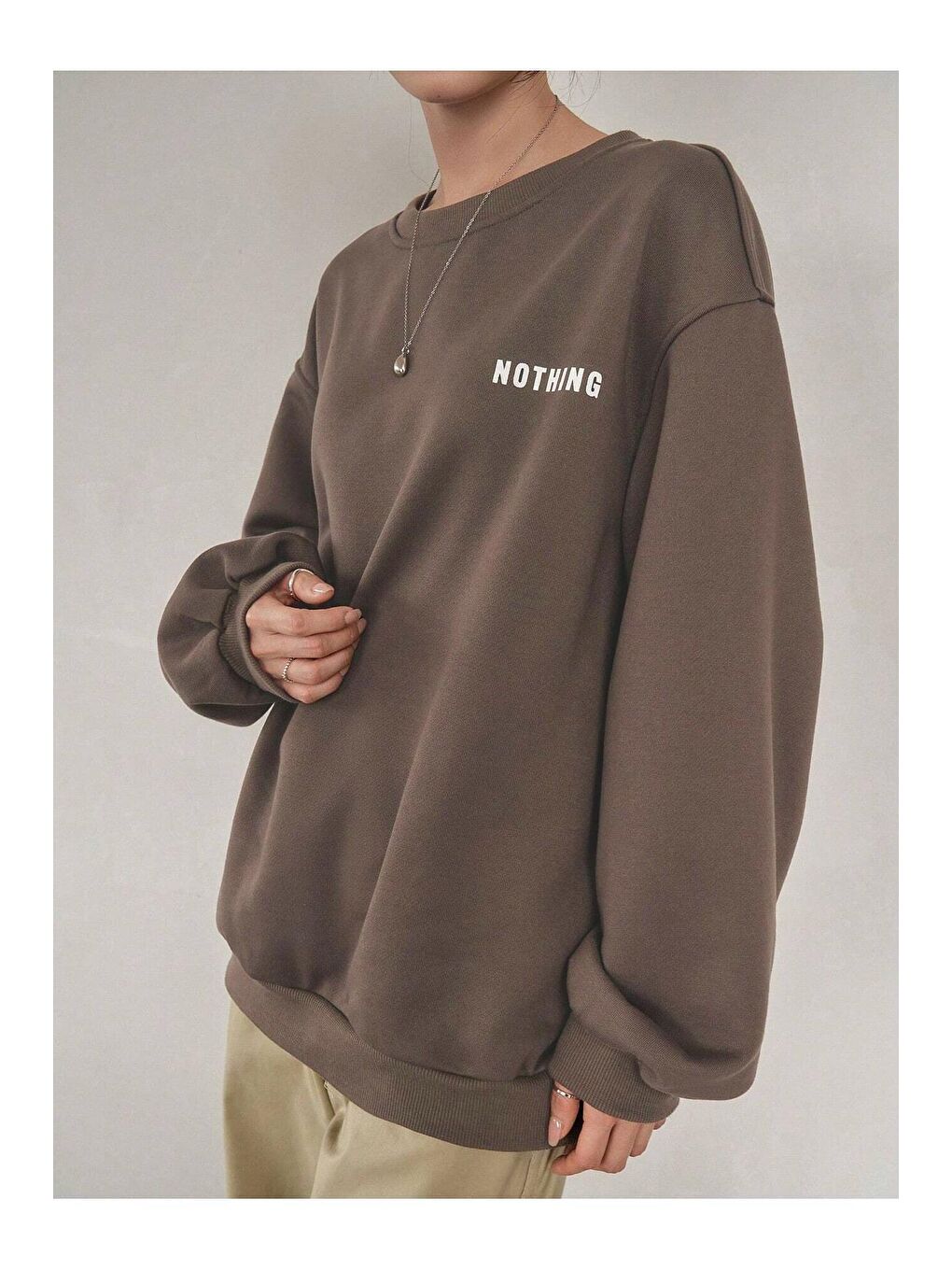 Trendseninle Kahverengi Kadın Sütlü Kahve Success Baskılı Bisiklet Yaka Oversize Sweatshirt - 1