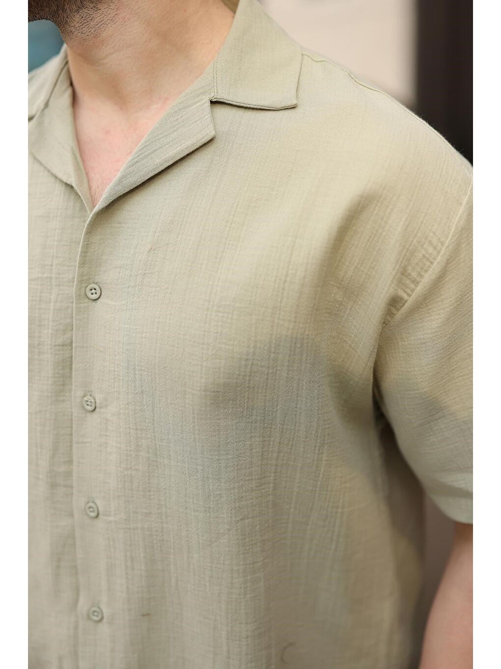 Mint Yeşili %100 Pamuklu Erkek Şort Gömlek Takım E7360-2