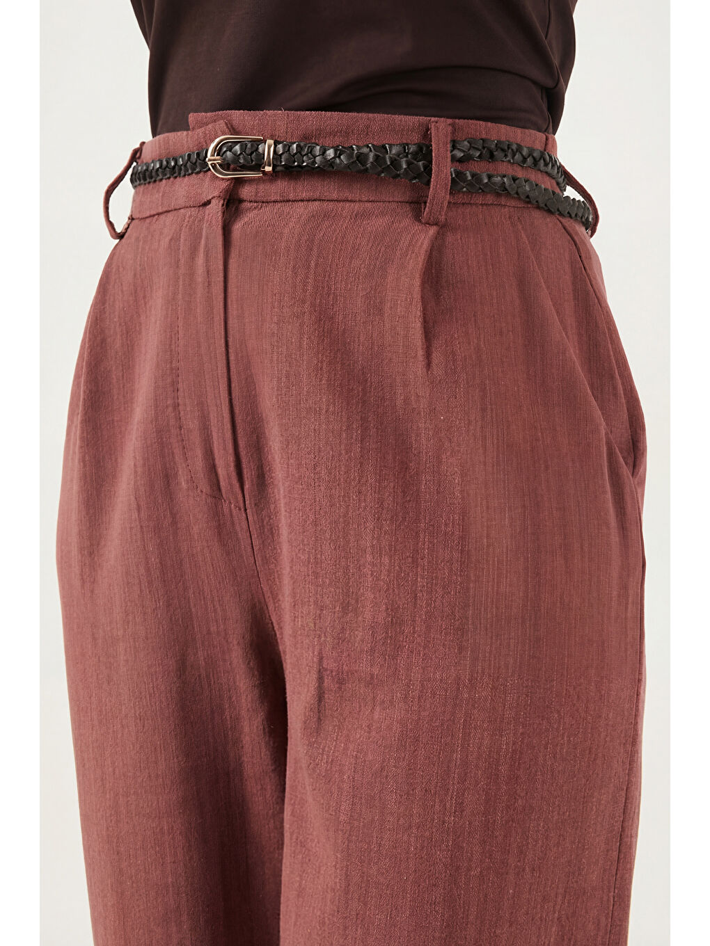 Kahverengi Bol Paça Yüksek Bel Kemerli Pantolon 6923807-5