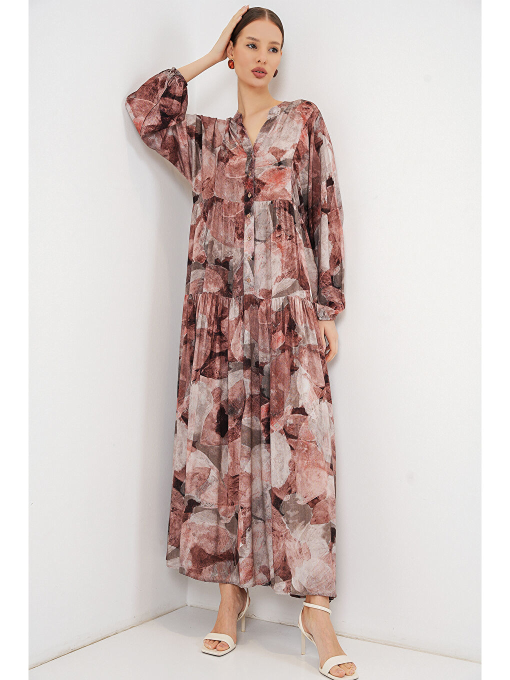 Kırmızı Kadın Desenli Uzun Tesettür Elbise 2585 - D.Gül Kurusu-3