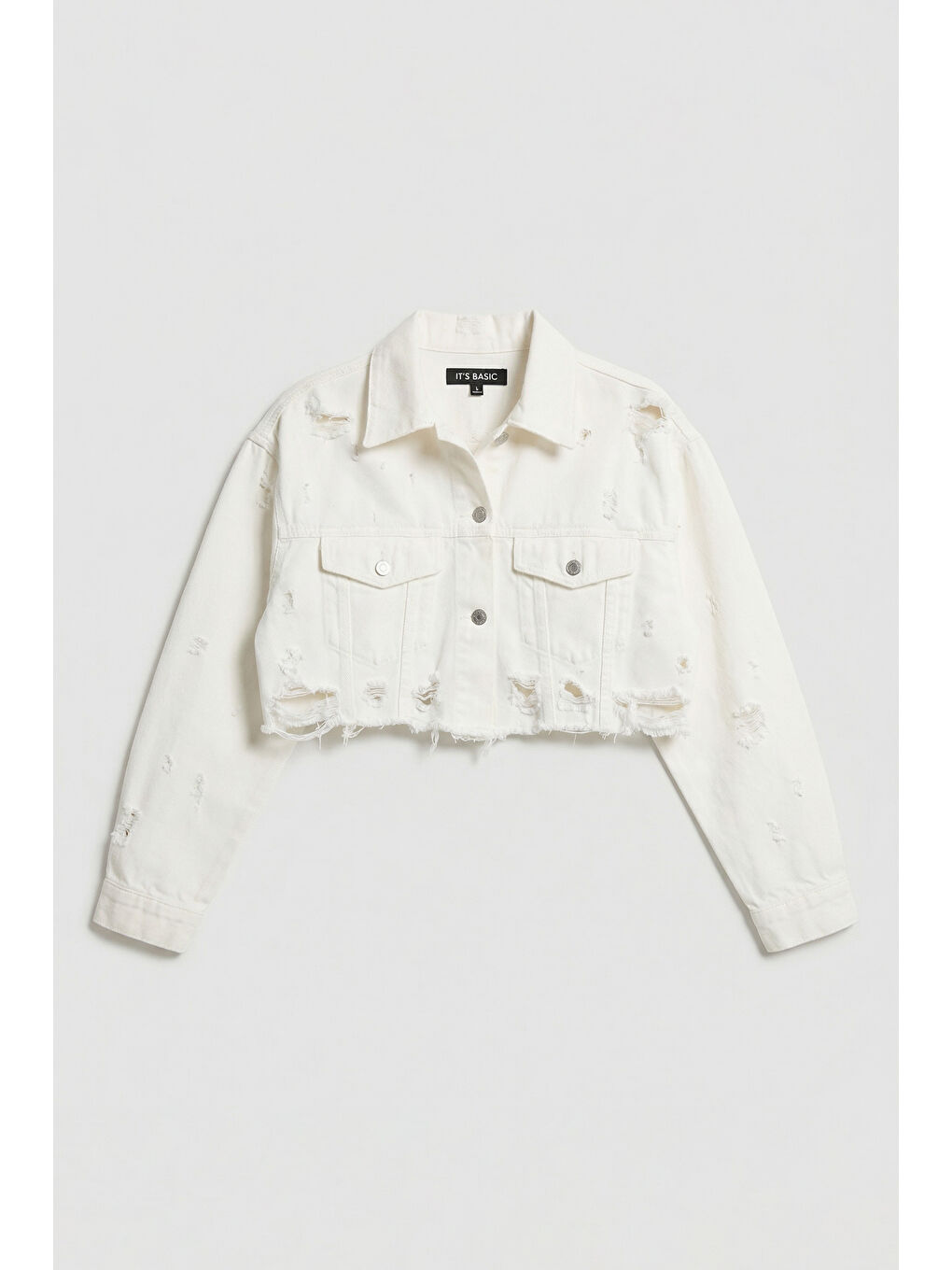 Kadın Kırık Beyaz 15s6-101 Crop Fit Lazer Detaylı Denim Ceket-2