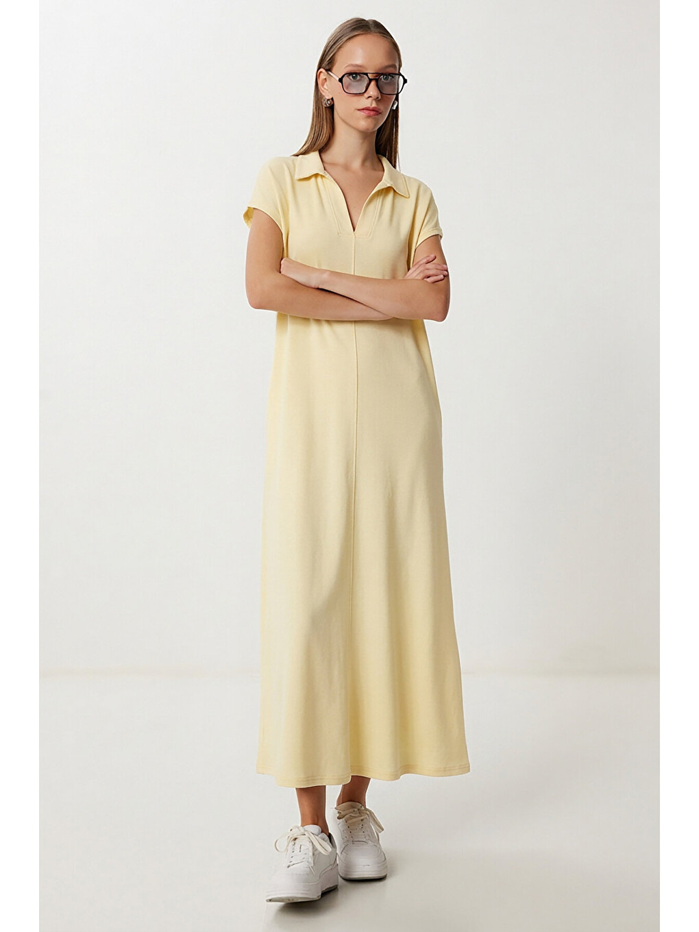 Sarı Polo Yaka Cepli Örme Elbise SARI LDZ0038-1
