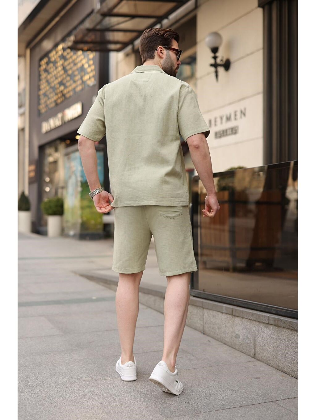 Mint Yeşili %100 Pamuklu Erkek Şort Gömlek Takım E7360-3